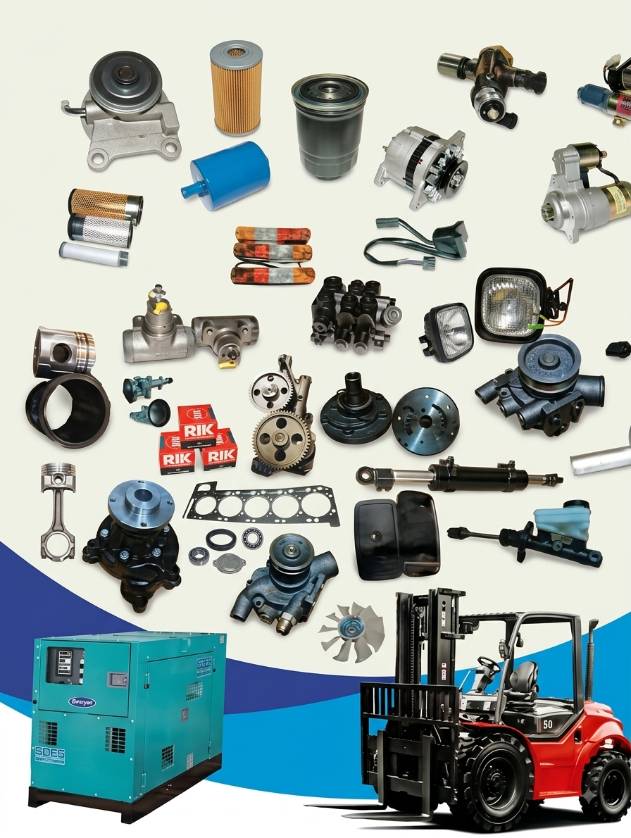 Generator and forklift spare parts range: filters, water pumps, alternators, starters, pistons, liners, head gaskets, brake cylinders and hydraulic rams